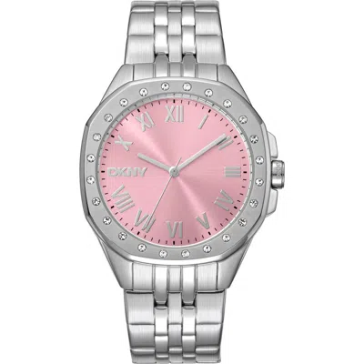 Dkny Crystal Embellished Three Hand Quartz Bracelet Watch, 36mm In Silver