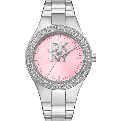 Dkny Crystal Embellished Three Hand Quartz Bracelet Watch, 38mm In Silver