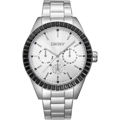 Dkny Crystal Embellished Three Hand Quartz Bracelet Watch, 40mm In Silver