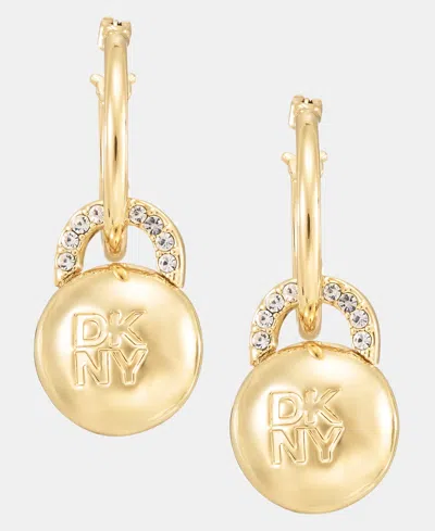 Dkny Crystal Logo Pave Drop Hoop Earrings In White