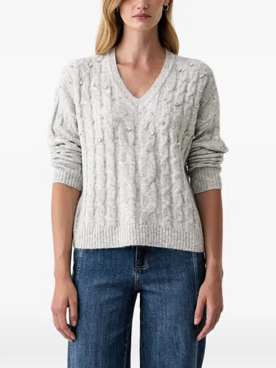 Dkny Crystal-embellished Cable-knit Sweater In Gray