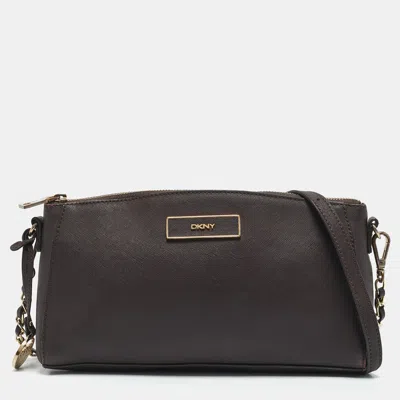 Pre-owned Dkny Dark Brown Saffiano Leather Bryant Park Zip Crossbody Bag