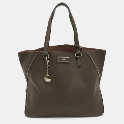 Dkny Dark Khaki Saffiano Leather Tote In Brown