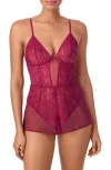 Dkny Deco Lace & Mesh Romper In Burgundy