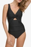 Dkny Women's Shirred Keyhole Detail One-piece Swimsuit In Black