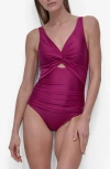 Dkny Deep V-neck Keyhole Twist One-piece Swimsuit In Boysenberry