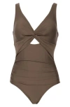 Dkny Deep V-neck Keyhole Twist One-piece Swimsuit In Matte Bronze