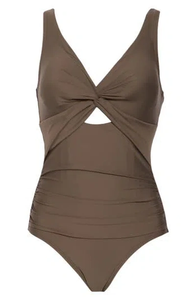Dkny Deep V-neck Keyhole Twist One-piece Swimsuit In Matte Bronze