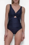 Dkny Deep V-neck Keyhole Twist One-piece Swimsuit In Navy Shimm