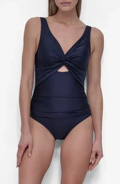 Dkny Deep V-neck Keyhole Twist One-piece Swimsuit In Navy Shimm