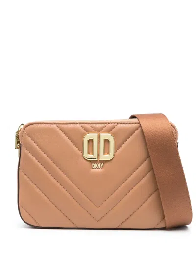Dkny Delphine Logo-plaque Quilted Crossbody Bag In Brown