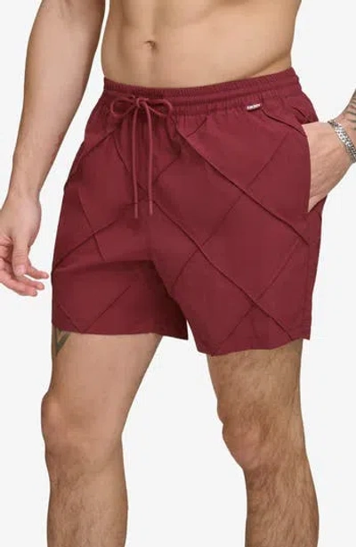 Dkny Diamond Pintuck Swim Trunks In Burgundy