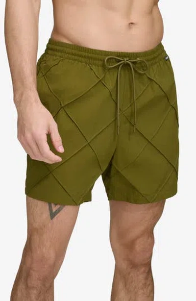 Dkny Diamond Pintuck Swim Trunks In Dark Olive