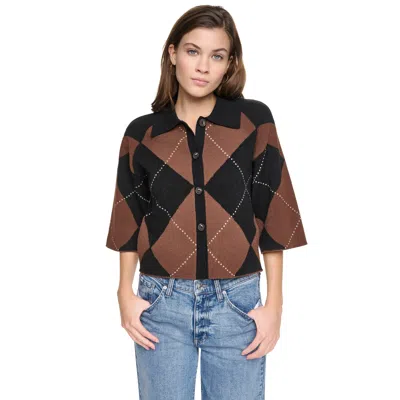 Dkny Fuzzy Argyle Elbow Sleeve Cardigan In Black/chestnut