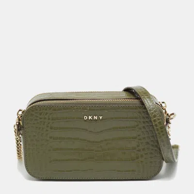 Pre-owned Dkny Double Zip Olive Green Croc Embossed Leather Crossbody Bag