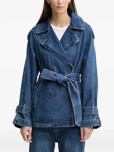 Dkny Double-breasted Belted Denim Coat In Blue