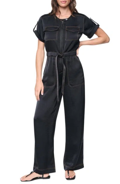 Dkny Drawstring Waist Hammered Satin Jumpsuit In Black