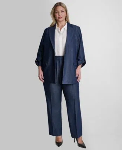 Dkny Dressy Denim One Button Jacket With Roll Cuff Pleated Trouser In Blue