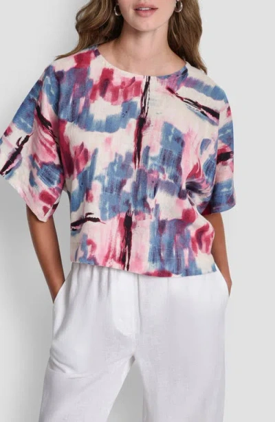 Dkny Drop Shoulder Crop Linen Top In Multi