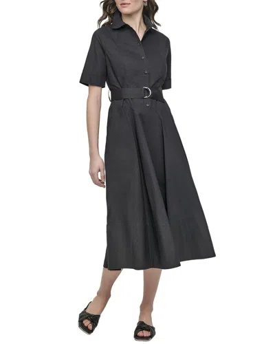 Dkny Dropped Waist Button Front Poplin Dress In Black