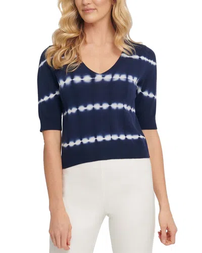 Dkny Elbow Sleeve V-neck Tie Top In Blue
