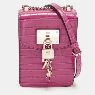 Pre-owned Dkny Elissa Fuchsia Croc Embossed Pvc Crossbody Bag In Pink