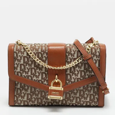 Pre-owned Dkny Ella Large Brown/beige Signature Canvas And Leather Shoulder Bag