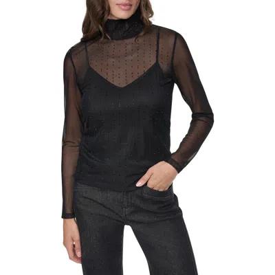 Dkny Embellished Mesh Mock Neck Top In Black