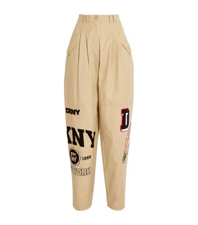Dkny Embroidered Patchwork Logo Trousers In Beige