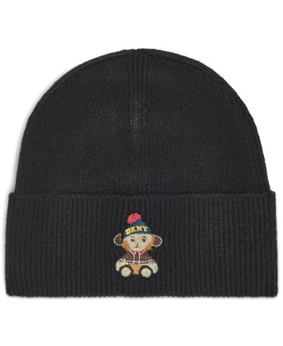 Dkny Embroidered Ribbed-knit Great Ape Beanie In Black