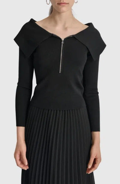 Dkny Exaggerated Collar Half Zip Sweater In Black