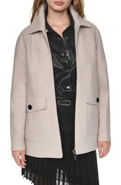 Dkny Faux Fur Collar Zip Coat In Neutral