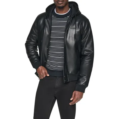 Dkny Faux Leather Hooded Bomber Jacket In Black