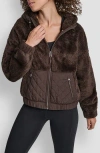 Dkny Faux Shearling & Diamond Quilted Hooded Jacket In Brown