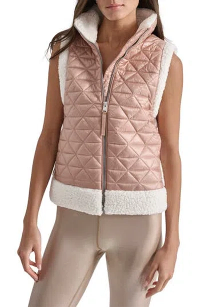 Dkny Faux Shearling Cropped Quilted Vest In Metallic Praline Cloud