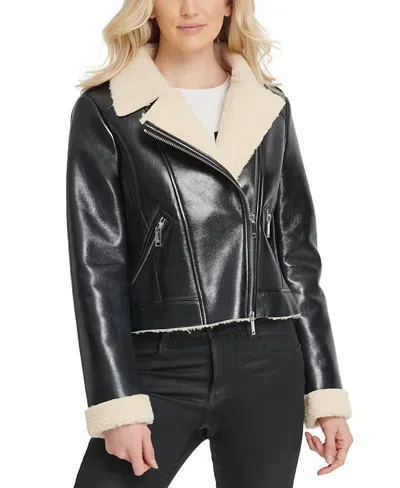 Dkny Faux Shearling Motorcycle Jacket In Black