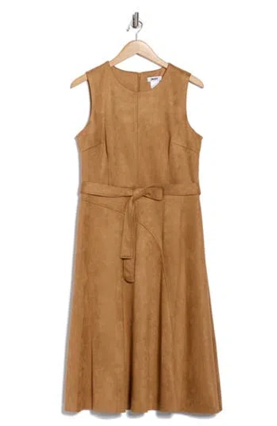 Dkny Faux Suede Fit And Flare Midi Dress In Brown
