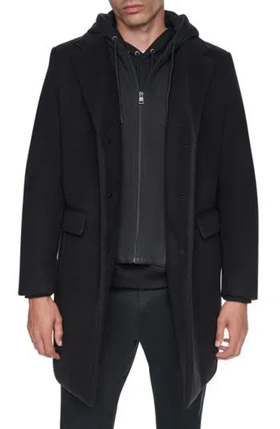Dkny Faux Wool Topcoat With Removable Bib In Black