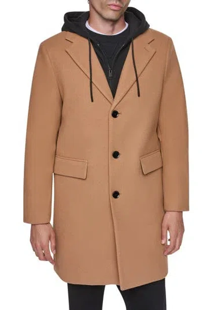 Dkny Faux Wool Topcoat With Removable Bib In Brown