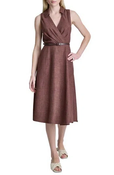 Dkny Faux Wrap Belted Midi Dress In Burgundy