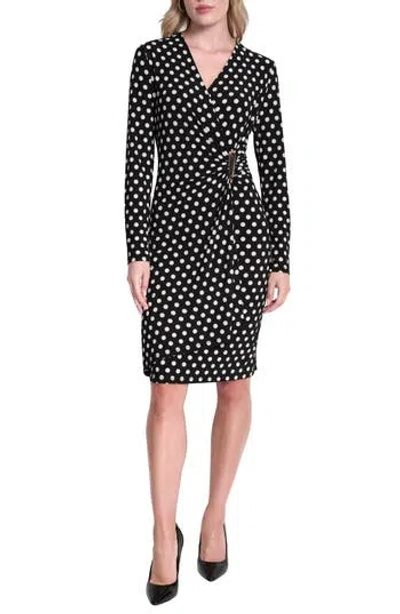 Dkny Faux Wrap Drape Long Sleeve Sheath Dress In Black
