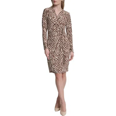 Dkny Faux Wrap Drape Long Sleeve Sheath Dress In Brown