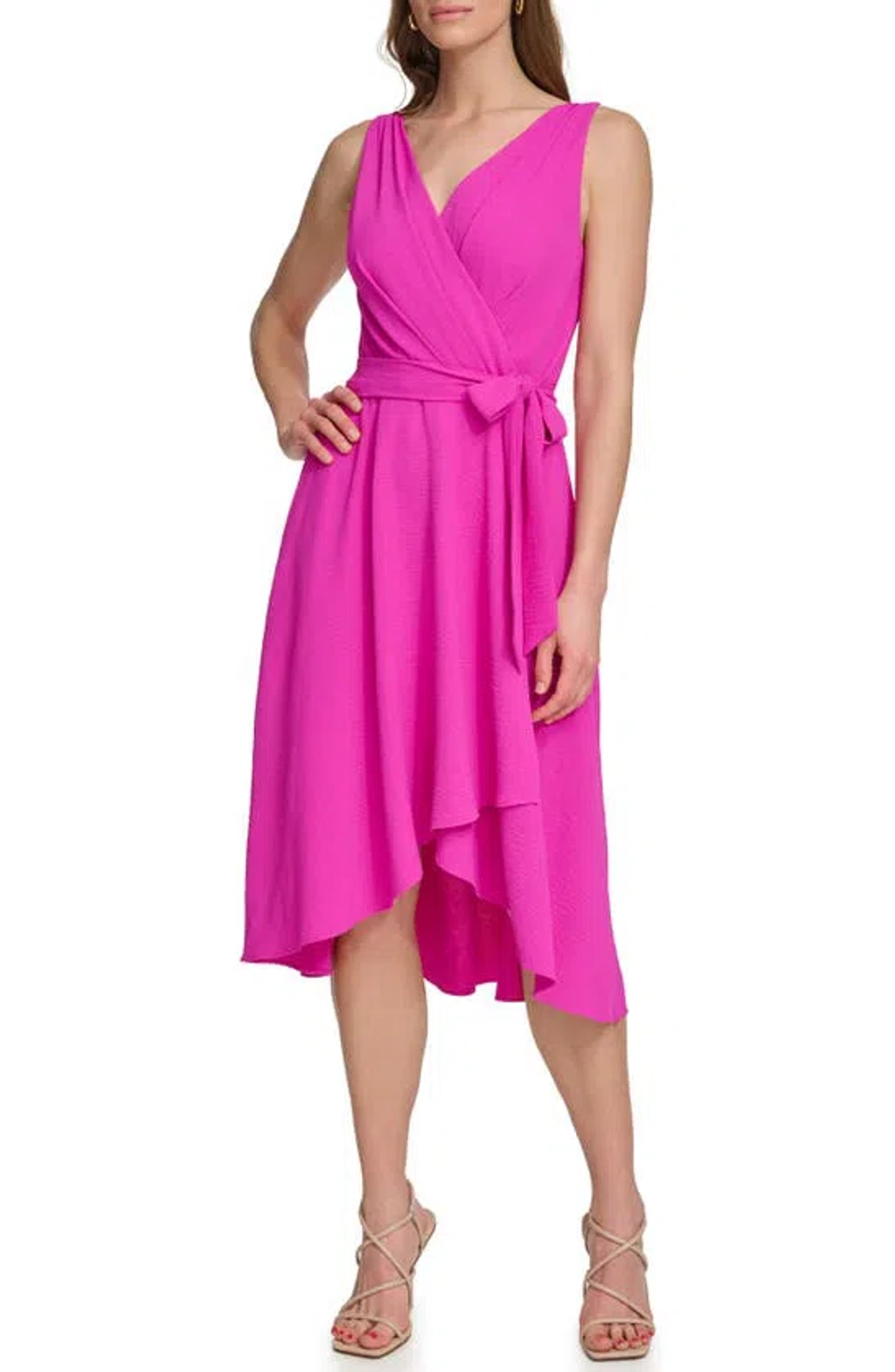 Dkny Faux Wrap Gauze Dress In Power Pink | ModeSens