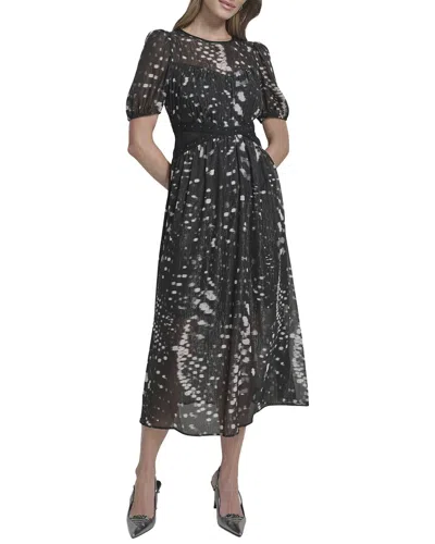 Dkny Shine Puff Sleeve Crinkle Chiffon Dress In Black