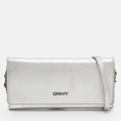 Dkny Flap Silver Leather Wallet On Chain In White