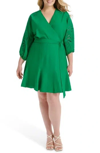 Dkny Floral Balloon Sleeve Faux Wrap Dress In Green