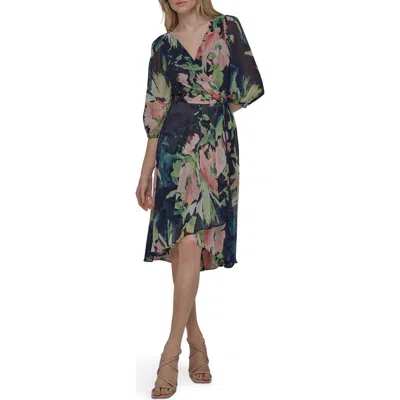 Dkny Floral Balloon Sleeve Faux Wrap Midi Dress In Blue