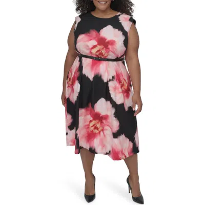 Dkny Floral Cap Sleeve Belted Midi Dress In Multi