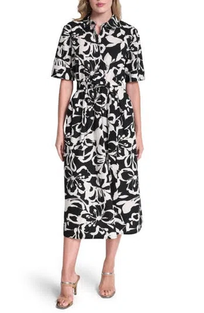 Dkny Floral Elbow Sleeve Cotton Midi Shirtdress In Black