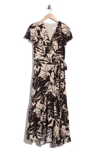 Dkny Floral Flutter Sleeve Faux Wrap Dress In Brown